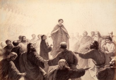 ダンテとベアトリーチェは、歌い踊る賢者の霊に取り囲まれている。ダンテ・アリギエーリの『神曲』パラディソのカント14の挿絵。フランチェッソ・スカラムッツァがフィレンツェ市に捧げた作品。 作： Unbekannter Künstler