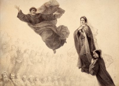 聖ペトロに会うダンテとベアトリーチェ。ダンテ・アリギエーリによる『神曲』パラディソのカントXXIVの挿絵。フィレンツェ市に捧げられたフランチェスコ・スカラムッツァの作品。 作： Unbekannter Künstler