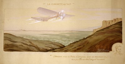 航空の始まり：1910年8月17日、ジョン・モワザンが2人乗りのブレリオ機で、メカニックとともに英仏海峡を初めて旅客飛行した。 作： Unbekannt