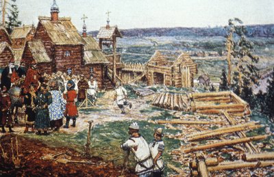 12世紀のユーリー・ドルゴルキー治下の丸太からのモスクワ・クレムリンの建設の描写。 作： Unbekannter Künstler