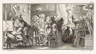 1770年頃、M.デ・ランデの「科学の辞典」に掲載されていたドローイングクラスのイラスト（リトグラフ）。 作： Unbekannt