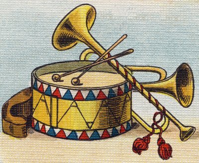 ドラムとトランペット。Alphabet de ma petite fille "のエングレーヴィング。Bernardin-Bechet and Fils, bookseller-publishers, Paris, around 1895.キャンバスに割れないアルバム。Bibliotheque des Bebes.12ページ。読書法とイラストのアベセダが入ったアルバム 作： Unbekannt