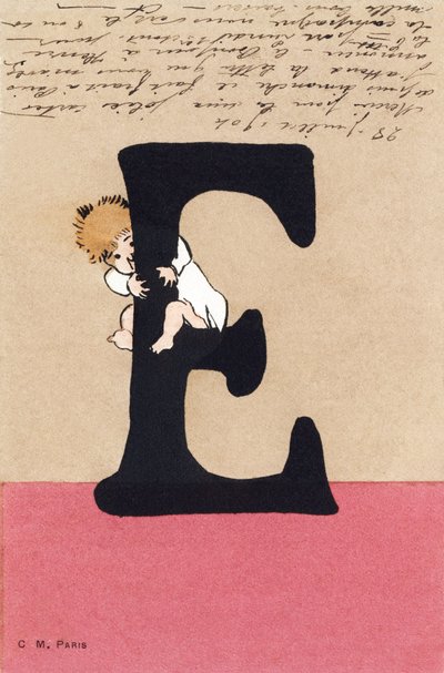 E is for embrace, kiss - 子供用アルファベットC.M. editeur, Paris.手描きのポストカード、1904年のフランが付いています。サイズ : 14 x 9 cm 作： Unbekannt