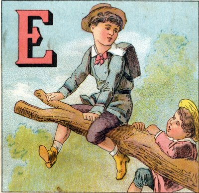 Eの文字：木の枝でバランスをとる少年。Alphabet des petits ecoliers "に掲載された彫刻。エピナルの映像、1885年頃。プリヴェ・コレクション 作： Unbekannt