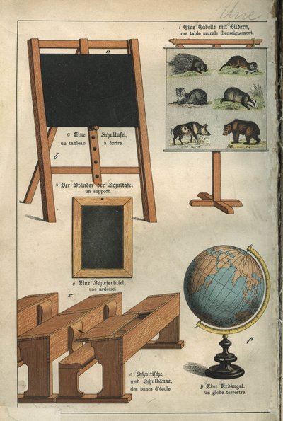 教育：絵画、壁掛けテーブル、ベンチ、スレート、学校の地球儀 独仏語の子供用辞書のプレート 作： Unbekannt