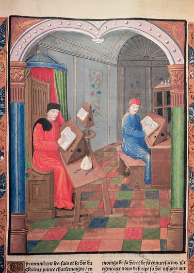 「Chroniques de France」からシャルルマーニュの歴史を書いているアインハルトとターピン大司教 作： Unbekannter Künstler