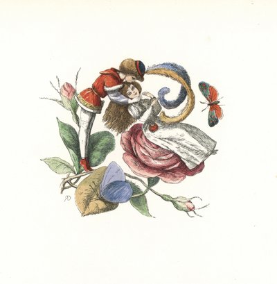 バラの花の上で妖精といちゃつくエルフ。リチャード・ドイルの挿絵をもとにエドマンド・エヴァンズが手彩色した木版画。 作： Unbekannter Künstler