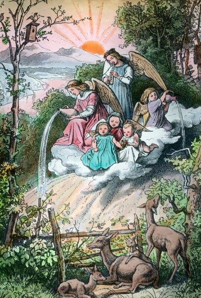朝露を浴びる天使を描いたエングレーヴィング、ドイツ 1920年代 作： Unbekannter Künstler