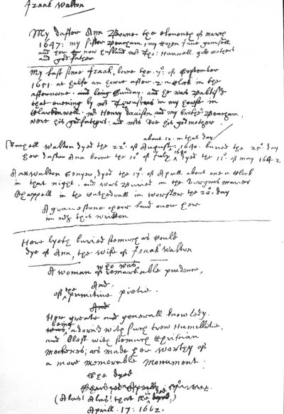 イザーク・ウォルトンが「共通祈祷書」に記入した内容（1662年以降）（紙にペン・インク 作： Unbekannt