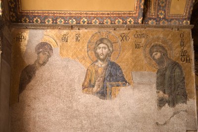 ヨーロッパ・アジア、トルコ、イスタンブール、アヤ・ソフィア博物館（西暦537年、かつてのモスクと教会）、キリスト、マリア、洗礼者ヨハネを描いたモザイクパネル 作： Unbekannt