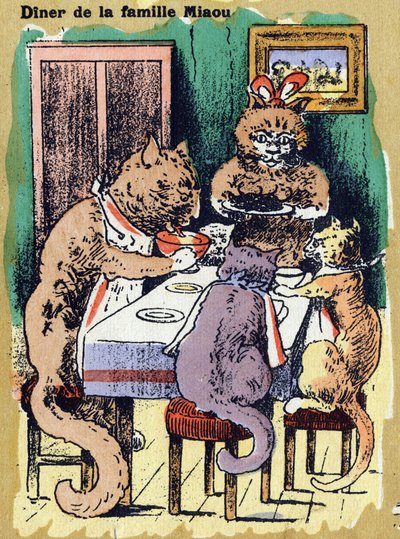 家族の食卓ニャー。イラスト入りのアルファベット。20世紀初頭、ジャーヴィル＝ナンシーで再会したイマジナリーたち。寸法：40 x 29 cm。ビストル地にリトグラフ 作： Unbekannt
