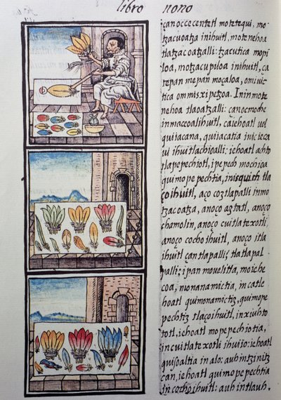 スペイン征服後の羽毛加工。スペイン人宣教師Fray Bernardino de Sahagunによるスペイン語とナワトル語のバイリンガル版「General History of Things of New Spain」のFlorentine Codexのページ。アステカ文明 作： William M. Timlin
