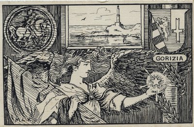 第一次世界大戦 (1914-1918): イタリアへのゴリツィアの添付ファイルのイタリアの愛国的なはがき 作： Unbekannter Künstler