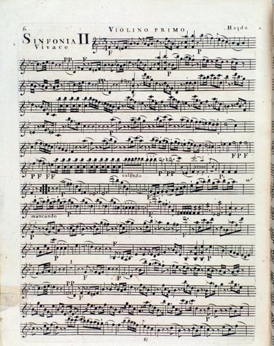 J ハイドンの交響曲第 2 番のヴァイオリンのための楽譜の最初のページ 作： Unbekannter Künstler