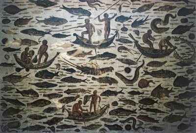 魚釣りシーン モザイク ローマ文明時代 紀元3世紀 作： William M. Timlin