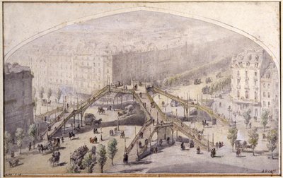 パリの歩道橋、1880年頃（ドローイング） 作： Unbekannter Künstler