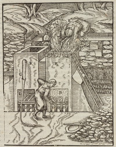 金鉱石を加熱するための炉 - Lazarus Eckerによる「鉱山と主な採掘方法の説明」からの版画 作： Unbekannt