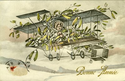 フランスファルマンの複葉機に乗った女性を描いたファンシーな写真 作： Unbekannter Künstler