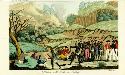 インドネシアのオンバイ島で原住民を描くフランスの探検家たち 作： Unbekannt