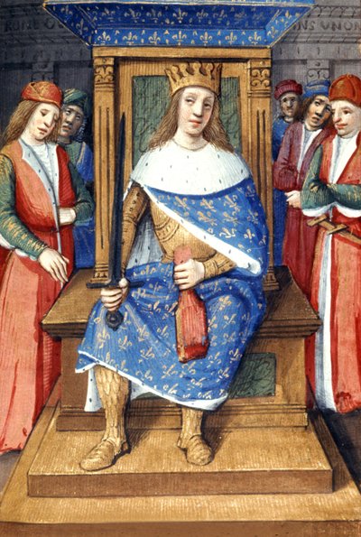 玉座に座るフランス王ルイ9世（聖ルイ、214-1270年、1226年から1270年までの王）、フランスの照明画 作： Unbekannter Künstler
