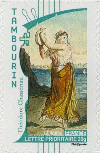 タンバリンを演奏するジプシーの女性を描いたフランスの切手（フランス人画家Théodore Chassériauの絵画より）。 作： Unbekannt