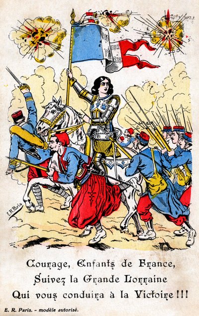 フランス兵を率いて出征するジョアン・オブ・アークを描いたフランスのポストカード 作： Unbekannt