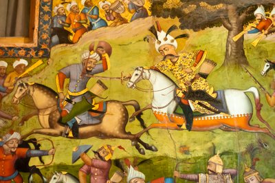 フレスコ画：白馬に乗ったシャー・イスマイル、ターヘルアバドの戦い（1510年）、メルヴのウズベク人との戦い、チェヘル・ソトゥーン、四十柱の宮殿、イスファハン、イラン、アジア 作： Unbekannt