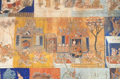 カンボジア、シェムリアップのリアムカーの風景を描いたワット ボーの壁を飾るフレスコ画 (写真) 作： Unbekannter Künstler