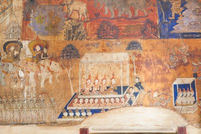 カンボジア、シェムリアップのリアムカーの風景を描いたワット ボーの壁を飾るフレスコ画 (写真) 作： Unbekannter Künstler