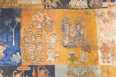 Reamker、シェムリアップ、カンボジアのシーンを描いたワットボーの壁を飾るフレスコ画（写真） 作： Unbekannter Künstler