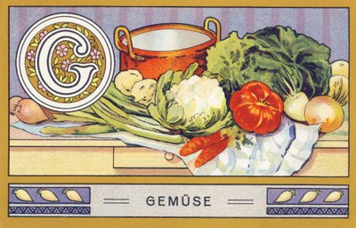 G: Gemuse - Alphabet Palmin.H. Schlinck & Cie, Hamburg, n.d.で出版された一連のクロモリトグラフ。Palmin feinstes Cocosfettの広告です。サイズ : 7 x 11 cm 作： William M. Timlin