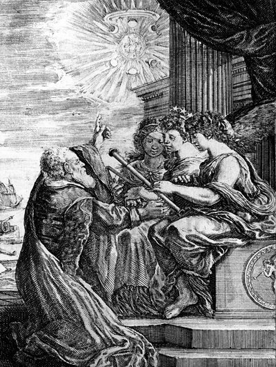 ミューズたちに望遠鏡を見せ、天動説を説くガリレオ。 作： Unbekannter Künstler