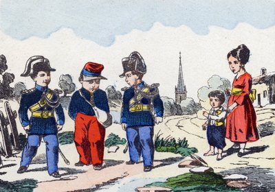 ジャンダルム。Alphabet militaire enfantin "に掲載された版画。1890年頃のポン・ア・ムソンのイメージ。20ページ。寸法：28.5x21cm 作： Unbekannt