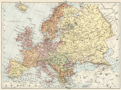 1870年代のヨーロッパの地理地図。19世紀のカラーリトグラフ 作： Unbekannter Künstler
