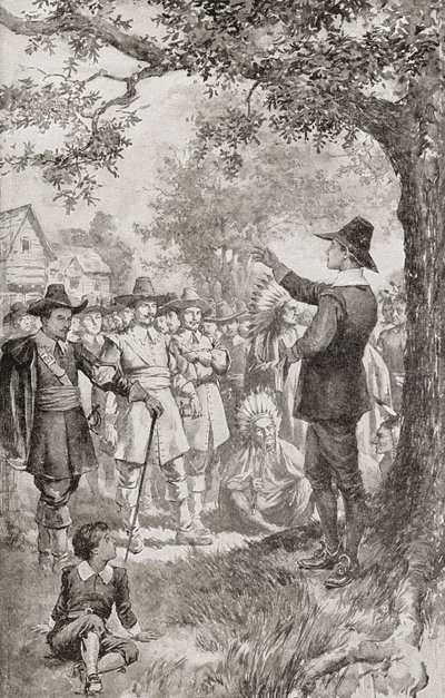 1671年、アメリカのメリーランド州で4日間にわたって開かれた地元クエーカー教徒の集会で、群衆に説教するジョージ・フォックス。ジョージ・フォックス 作： Unbekannter Künstler
