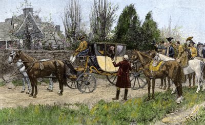 1789年、合衆国大統領の職務に就くためヴァージニア州を離れたジョージ・ワシントン（1732-1799）を出迎える隣人たち。19世紀のカラー・エングレーヴィング。 作： Unbekannter Künstler