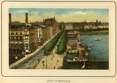 ドイツ、ハンブルク、アルター・ユングフェルンシュティーク、アルスター湖の近く：1890年頃、ベルリン、C.シュナイダー発行の "Ansichten-Album Hamburg"（リトグラフ）より。 作： Unbekannter Künstler