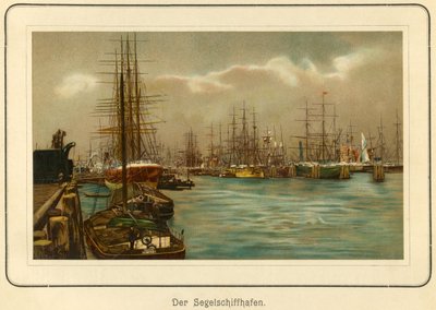 ドイツ、ハンブルク、帆船の港、リトグラフ：「Ansichten-Album Hamburg"（ハンブルクの風景）、C. Schneider, Berlin NW.発行、1890年頃（リトグラフ）。 作： Unbekannter Künstler