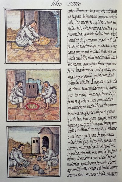 スペイン征服後の金の加工。スペイン人宣教師Fray Bernardino de Sahagun（1499-1590）によるフィレンツェ写本「新スペインの事物の一般的歴史」のページ。アステカ文明 作： William M. Timlin