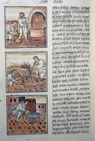 スペイン人による金の産出、スペイン人宣教師Fray Bernardino de Sahagunによる、スペイン語とナワトル語の対訳であるフィレンツェ写本「新スペインの事物の一般的な歴史」のページ。アステカ文明 作： William M. Timlin