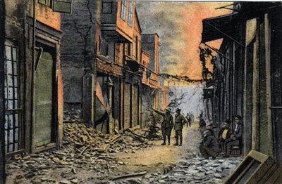 ギリシャ、サロニキ（またはテッサロニキ）：1917年の火災の後と思われる、一部が破壊されたトゥンスキー通りの風景 - ポストカード 1914-1918年 作： William M. Timlin