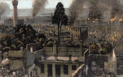 ギリシャ、サロニキ (またはテッサロニキ): おそらく 1917 年の火事の際に部分的に焼かれた高層都市の眺め - ポストカード 1914-1918 作： Unbekannter Künstler