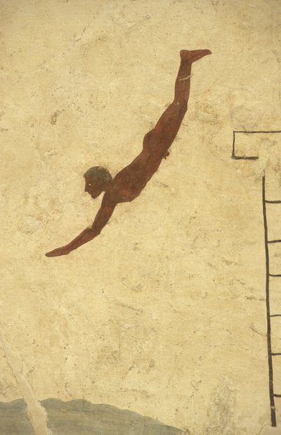 ギリシャ美術。海女の墓のフレスコ画、パエストゥム（イタリア、カンパニア州）。海女の墓の壁画、パエストゥム遺跡公園、カンパニア州、イタリア 作： William M. Timlin