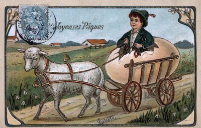 イースターのグリーティングカード: 卵から出てきた子供が子羊の引くカートに乗っている - 1907年のポストカード 作： William M. Timlin