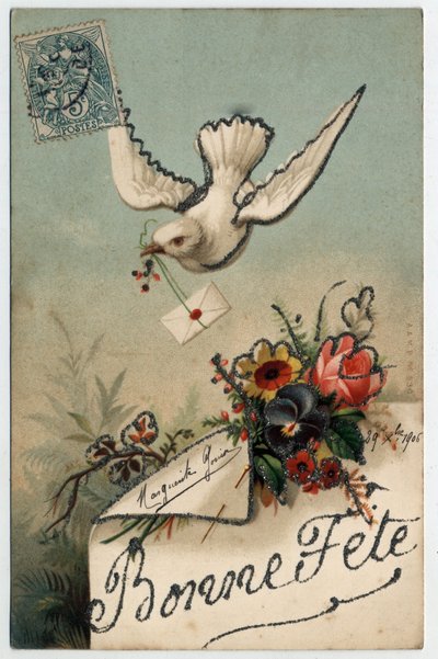 グリーティングカード：鳥が封書を持ってくる - 1906年のポストカード 作： Unbekannt