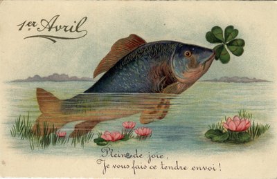 4月1日のグリーティングカード：四つ葉の葉を持つ魚 - ポストカード 19世紀末～20世紀初頭 作： William M. Timlin