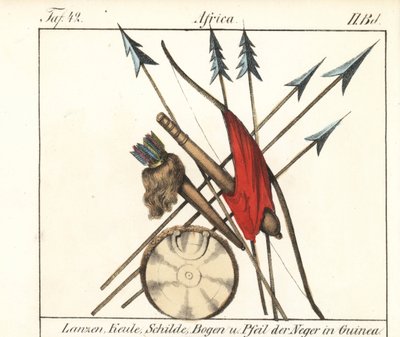 ギニー・コナクリの武器、槍、棍棒、弓矢、盾。本のためのリトグラフ：「Galerie complete en tableaux fideles des peuples d
