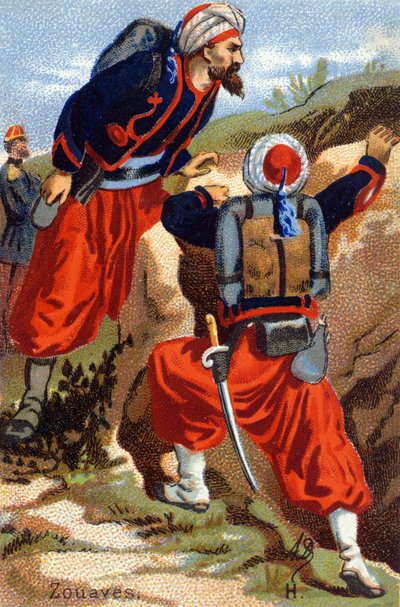 H: Zouaves.ミリタリー・アルファベット」のエングレーヴィング。絵師のイニシャル。A. D. 出版社は不明。19世紀末のクロモリトグラフ。寸法：10,5x7cm . 作： Unbekannt