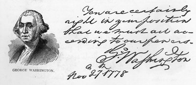 11月27日、FredericksburgでGouverneur Morrisに宛てて書かれた、冬の間のWashingtonの軍隊の計画に関する手紙からのGeorge Washingtonの手書きとサイン。 作： Unbekannt