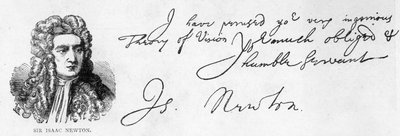 6月20日、ケンブリッジのトリニティ・カレッジからWilliam Briggs, M.D.に宛てた手紙に記されたSir Isaac Newtonの筆跡とサイン。 作： Unbekannt